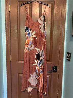Anthropologie Floral Print Brown Slip Dress with Spaghetti Straps L